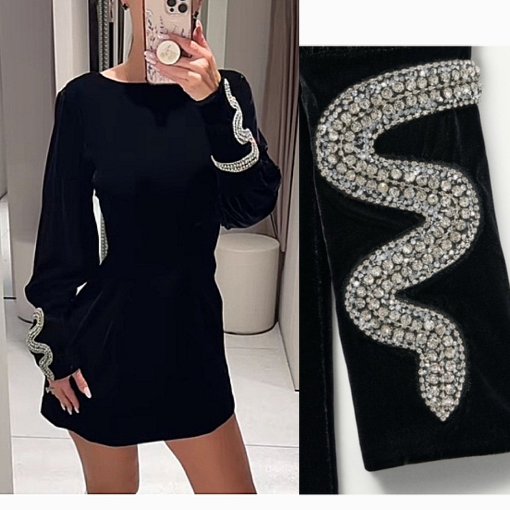 Zara Jewel Velvet Mini Dress Black Size XS Xl